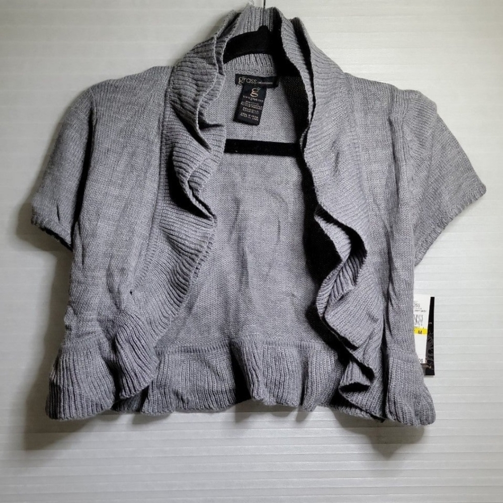 New Ruffle Gray Shrug open front sweater by Grass collection
